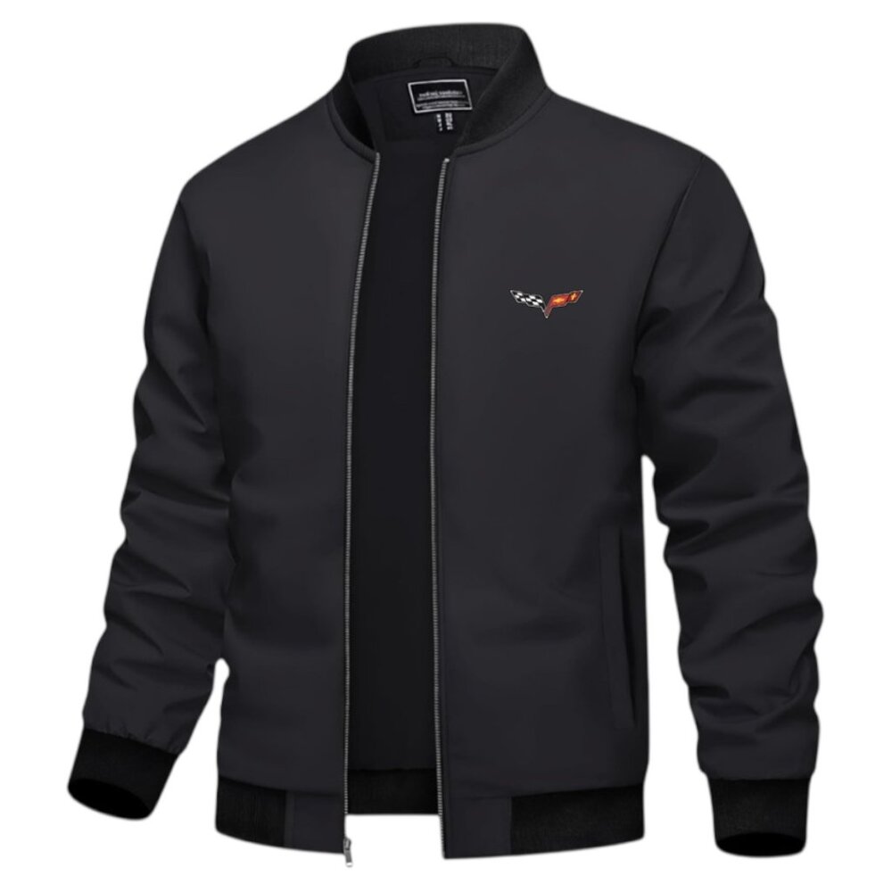 Men's Corvette Car Logo Embroidered Bomber Jacket -Black